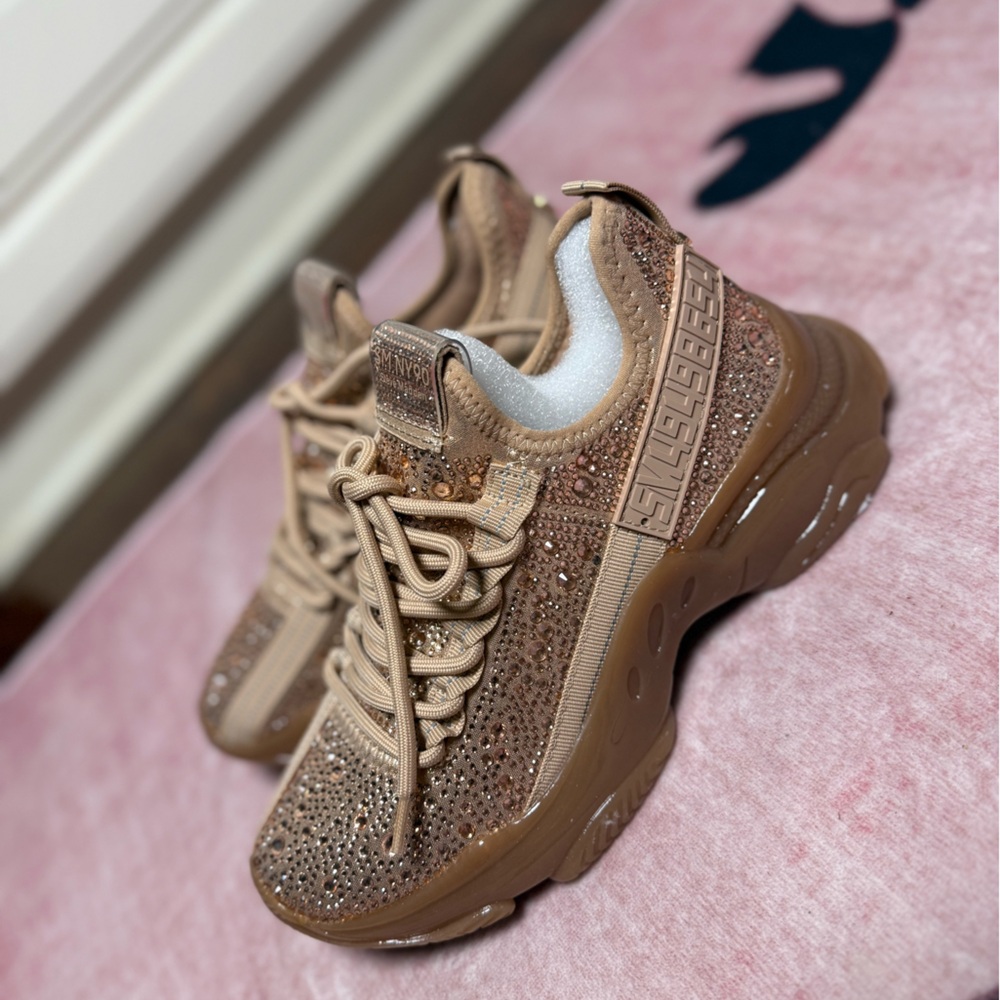 Stylish Tan Sneakers with Rhinestone Detailing